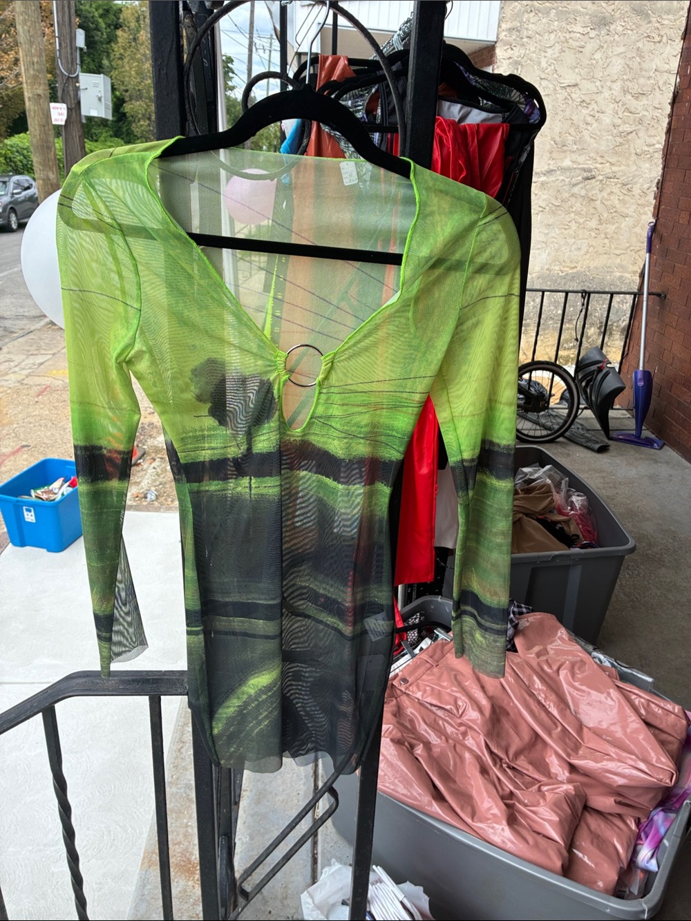 Sheer Lime Green Long-Sleeve Mesh Top or Dress with Ring Detail